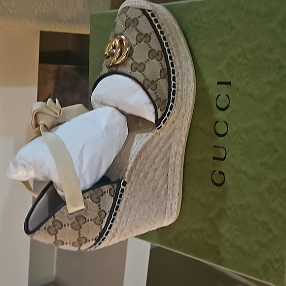 Gucci Pillar GG Ankle Tie Espadrille Platform Wedges - Picture 5 of 10